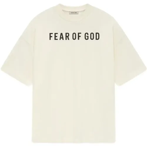 Logo-Print Creme T-Shirt Jersey-Textur , Herren, Größe: 2XL - Fear Of God - Modalova