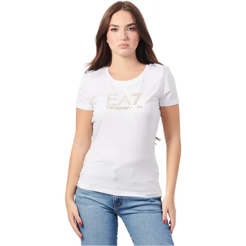 Weiße Baumwoll-T-Shirt mit Rundhalsausschnitt , Damen, Größe: L - Emporio Armani EA7 - Modalova