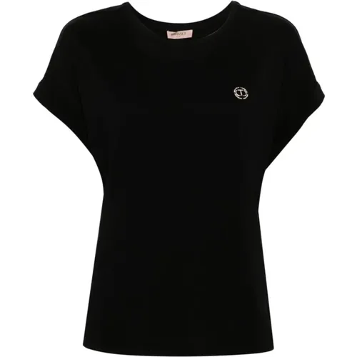 Schwarzes Logo T-Shirt mit Strverzierung , Damen, Größe: M - Twinset - Modalova