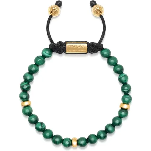 Men& Beaded Bracelet with Malachite and Gold , male, Sizes: L, M, XL - Nialaya - Modalova