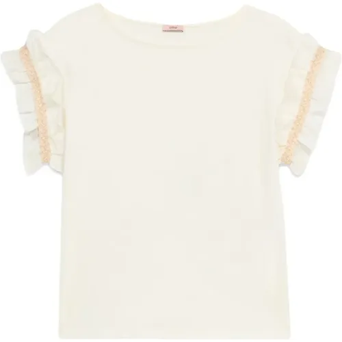 Baumwoll T-Shirt mit Popeline-Rüsche , Damen, Größe: S - Oltre - Modalova