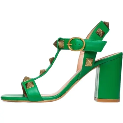 Stud Sandale Grün Leder Elegant , Damen, Größe: 39 EU - Poche Paris - Modalova