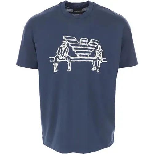 Kurzarm T-Shirt in Blau mit gesticktem Maxi-Logo , Herren, Größe: S - Emporio Armani - Modalova