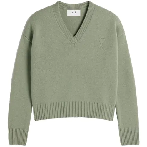 Grüner Apfel Pullover V-Ausschnitt Logo , Damen, Größe: 2XS - Ami Paris - Modalova