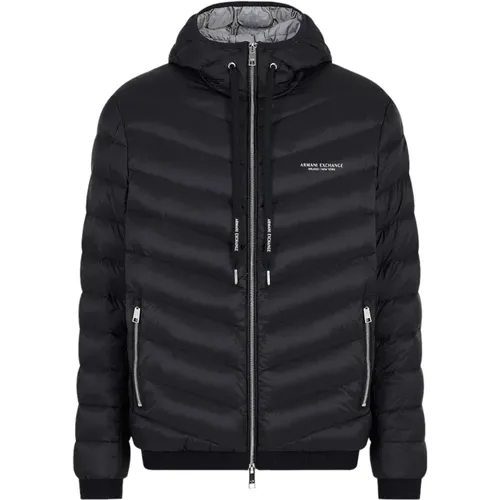 Schwarz-Melange Graue Daunenjacke mit Kapuze , Herren, Größe: L - Armani Exchange - Modalova