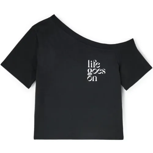 T-Shirt mit asymmetrischem Ausschnitt und Logo , Damen, Größe: XS - Motivi - Modalova