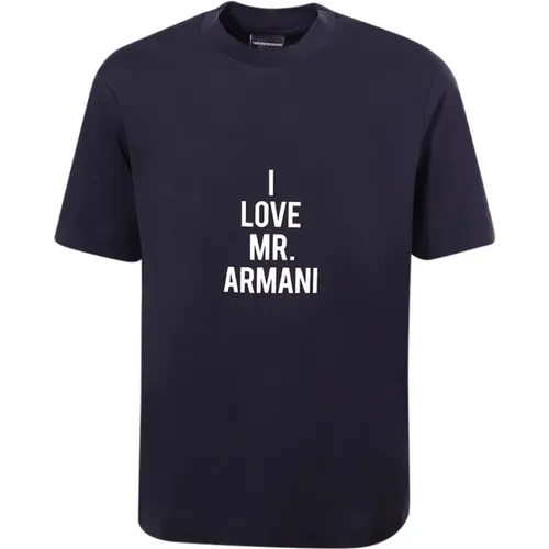 Blau Crew-neck T-shirt mit Druck , Herren, Größe: L - Emporio Armani - Modalova