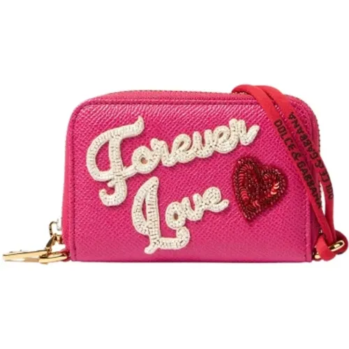 Fuchsia Leather Wallet with Forever Love , female, Sizes: ONE SIZE - Dolce & Gabbana - Modalova