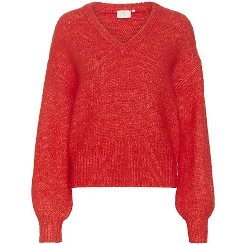 Roter Melange Pullover mit Puffärmeln , Damen, Größe: M - Kaffe - Modalova