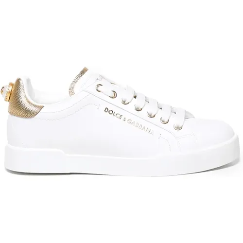 Weiß Gold Leder Sneakers,Weiße Sneakers mit Faux-Perlenverzierung - Dolce & Gabbana - Modalova