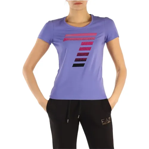 Stretch-Baumwoll-T-Shirt mit Pailletten-Logo , Damen, Größe: XS - Emporio Armani EA7 - Modalova