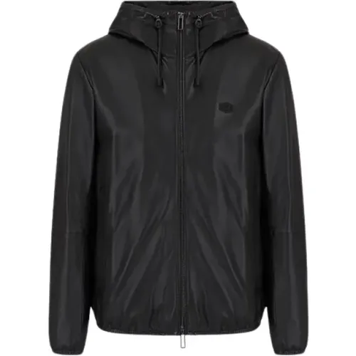 Full Zip Hooded Blouson in Semi-Aniline Lambskin , male, Sizes: 3XL, M, 2XL, 4XL - Emporio Armani - Modalova