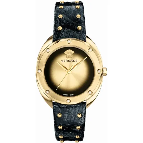 Schwarze Leder Gold Edelstahl Uhr - Versace - Modalova