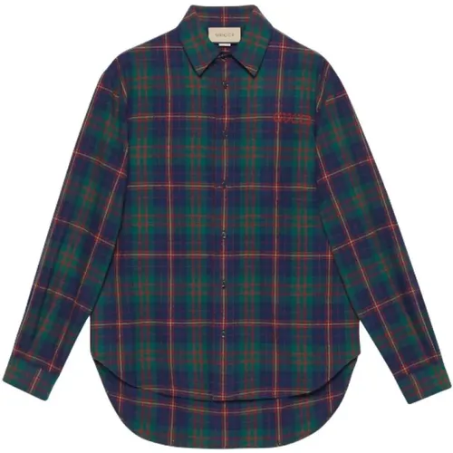 Tartan-print embroidered shirt , male, Sizes: XL - Gucci - Modalova