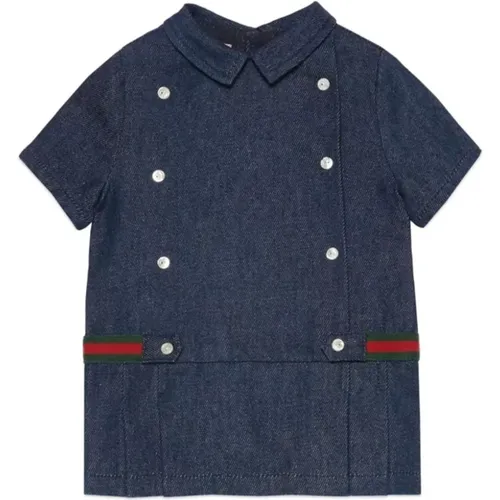 Blaues Denimkleid mit Web-Gestreiftem Rand,Blaue Kinderkleider - Gucci - Modalova
