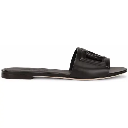 Schwarze Kalbsleder Logo Slides , Damen, Größe: 36 EU - Dolce & Gabbana - Modalova