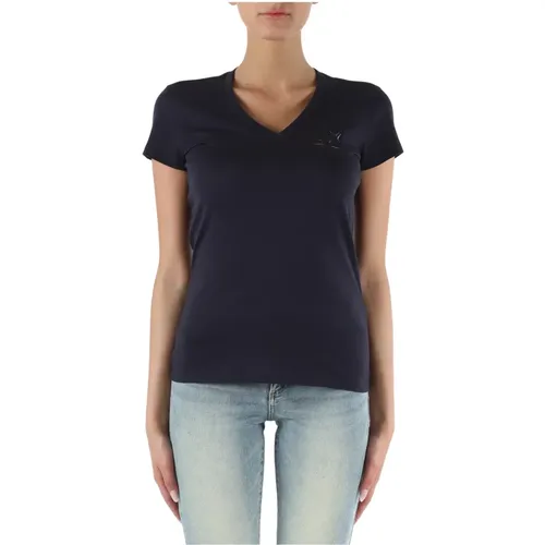 V-Ausschnitt Baumwoll-T-Shirt mit Logo-Print , Damen, Größe: L - Armani Exchange - Modalova