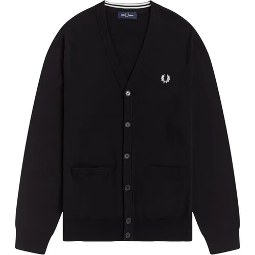 Italienische Lammwoll-Strickjacke Schwarz , Herren, Größe: L - Fred Perry - Modalova