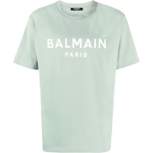 Paris Print Logo T-Shirt in Aqua , male, Sizes: L, S, M, XS - Balmain - Modalova