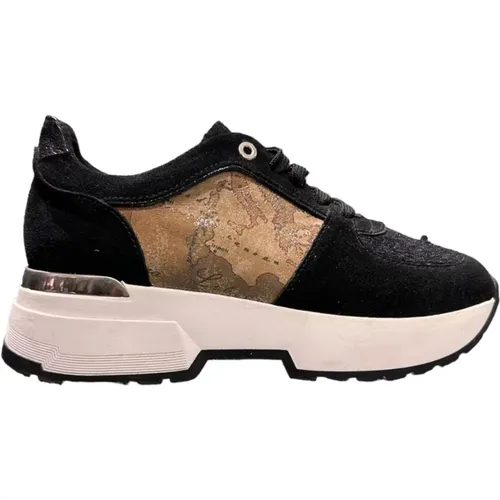 Schwarze Wildleder-Sneaker mit Geo Classic Print-Einsätzen , Damen, Größe: 38 EU - Alviero Martini 1a Classe - Modalova