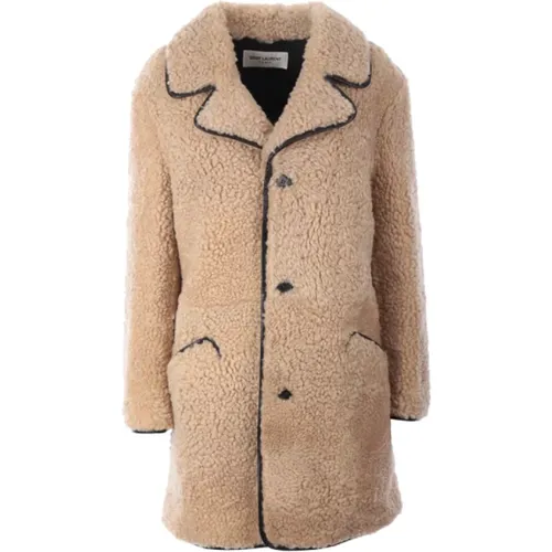 Shearling Coat with Leather Trim , female, Sizes: XS - Saint Laurent - Modalova