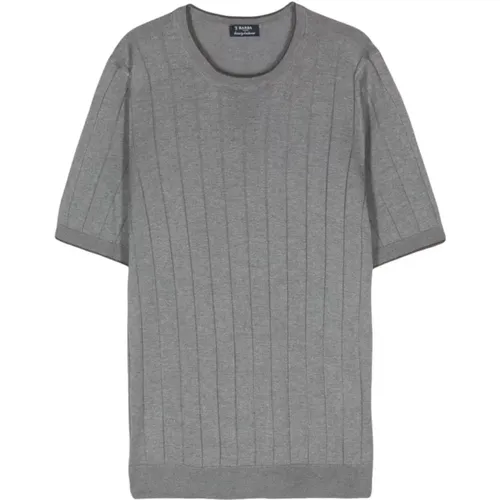 Geripptes Seide Grau T-shirt Polo , Herren, Größe: XL - Barba - Modalova