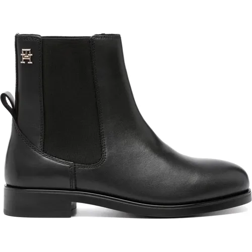 Schwarze Leder Stiefeletten , Damen, Größe: 39 EU - Tommy Hilfiger - Modalova