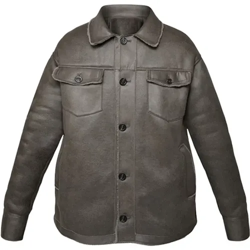 Men Leather Jacket with Lambskin in Dark Khaki , male, Sizes: L - Oakwood - Modalova