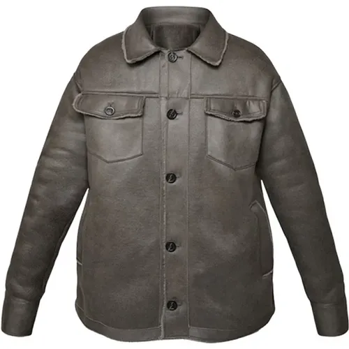 Men Leather Jacket with Lambskin in Dark Khaki , male, Sizes: XL, L - Oakwood - Modalova
