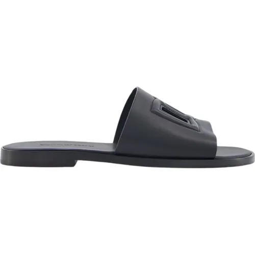 Embossed-Logo Leather Slides , male, Sizes: 5 UK - Dolce & Gabbana - Modalova
