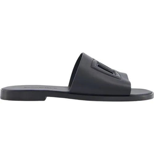 Embossed-Logo Leather Slides , male, Sizes: 5 UK, 6 UK, 8 UK - Dolce & Gabbana - Modalova