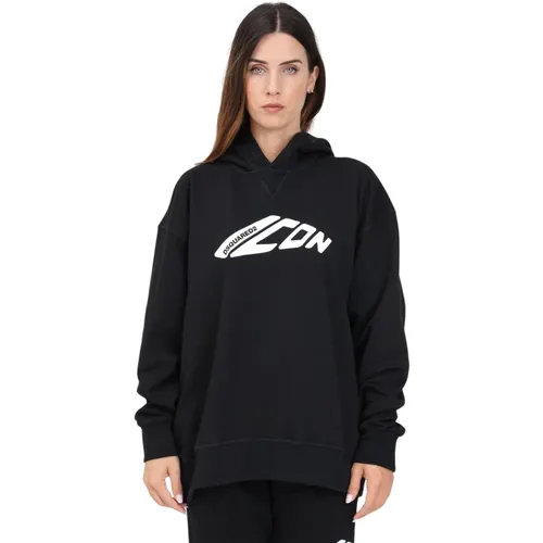 Schwarzer Icon Print Hoodie Pullover , Damen, Größe: L - Dsquared2 - Modalova