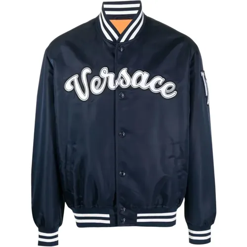 Marineblaue Logo Patch Bomberjacke - Versace - Modalova