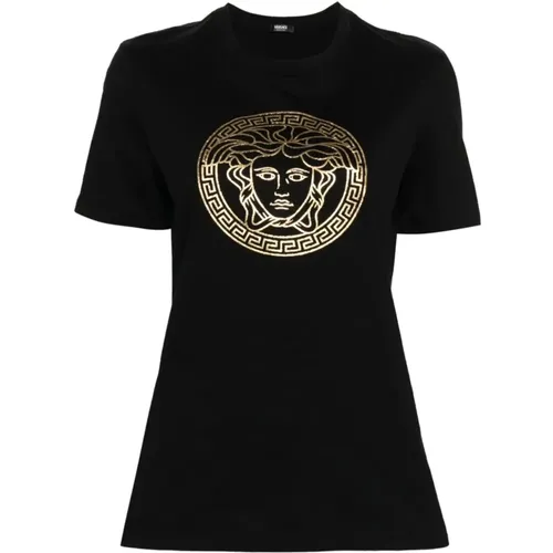 Schwarze Foliengeprägte Medusa T-Shirts und Polos , Damen, Größe: 2XS - Versace - Modalova