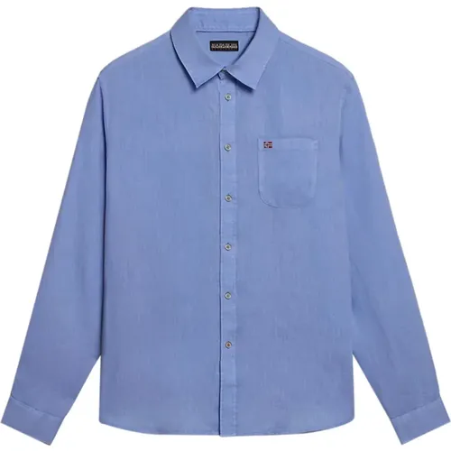 Blaues Leinen-Casual-Hemd , Herren, Größe: 2XL - Napapijri - Modalova