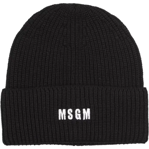 Ribbed Knit Beanie with Logo , female, Sizes: ONE SIZE - Msgm - Modalova