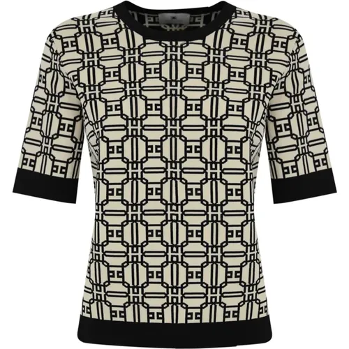 Kurzarm Jacquard Top mit Logo-Druck,Schwarzer Logo Jacquard Pullover Kurzarm - Elisabetta Franchi - Modalova