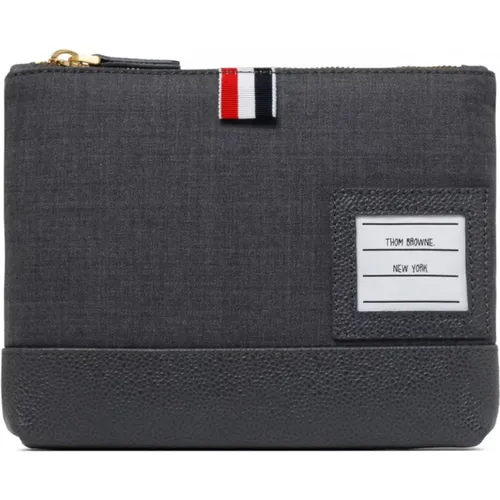 Medium Grey Wool and Leather Twill Weave Zipped Pouch , male, Sizes: ONE SIZE - Thom Browne - Modalova