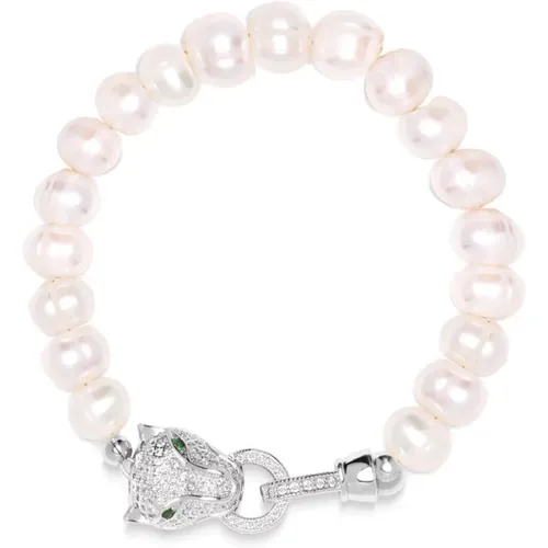 Women's Pearl Bracelet with Silver Panther Head , female, Sizes: S, XS - Nialaya - Modalova