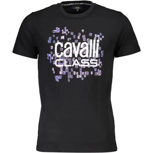 Schwarzes Baumwoll-T-Shirt mit Print-Logo , Herren, Größe: L - Cavalli Class - Modalova