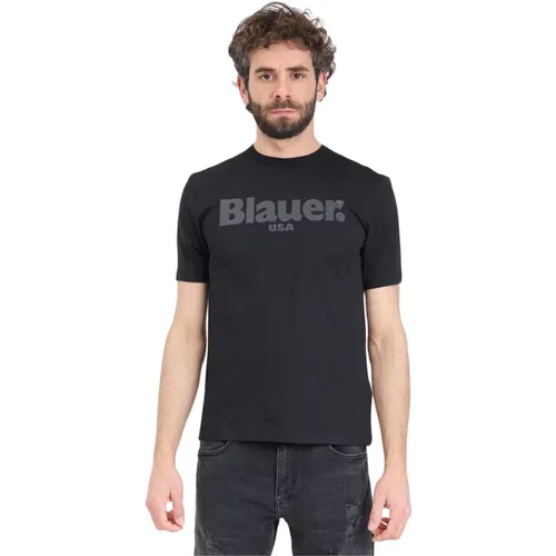 Schwarzes Logo Print T-shirt Gerippter Rundhalsausschnitt , Herren, Größe: S - Blauer - Modalova