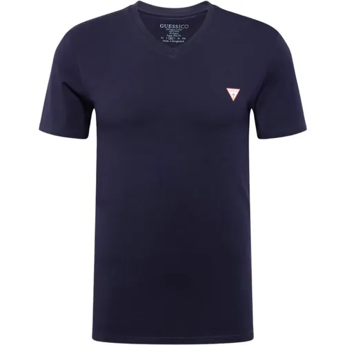 Stretch Eco-Freundliches T-Shirt - Blau, Slim Fit, V-Ausschnitt , Herren, Größe: L - Guess - Modalova