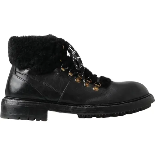 Schwarze Leder Shearling Stiefel - Dolce & Gabbana - Modalova