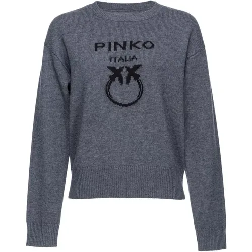 Grauer Strickpullover Logo Rippenbund , Damen, Größe: L - pinko - Modalova