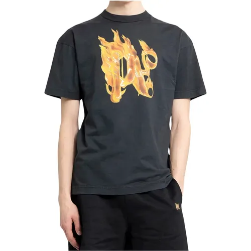 Schwarzes Gold Brennendes Monogramm T-Shirt , Herren, Größe: 2XL - Palm Angels - Modalova