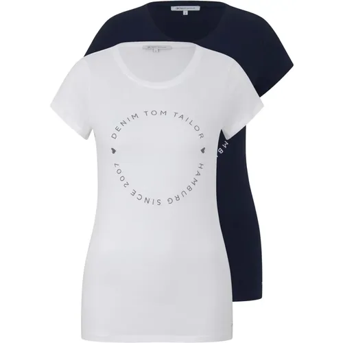 Basic T-Shirt 2er-Pack Rundhalsausschnitt Logo-Print , Damen, Größe: S - Tom Tailor - Modalova