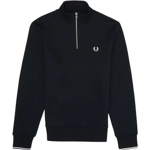 Navy Half Zip Sweatshirt mit Streifen auf dem Rücken , Herren, Größe: L - Fred Perry - Modalova