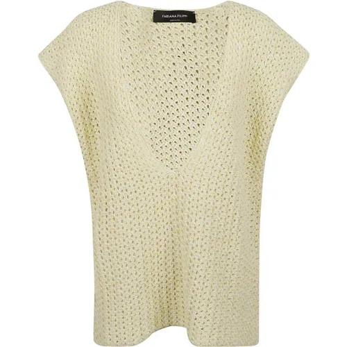 Glänzende Baumwoll-Netz-Tief V-Ausschnitt Strickweste,V-neck Knitwear,Gelber Baumwollpullover mit Netz-Muster - Fabiana Filippi - Modalova