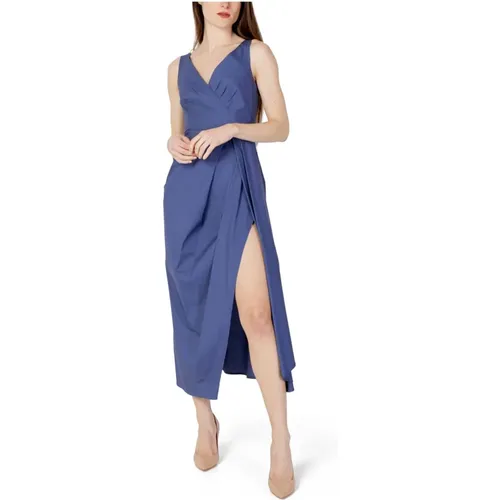 Blaues V-Ausschnitt Midi Kleid mit Reißverschluss - Sandro Ferrone - Modalova