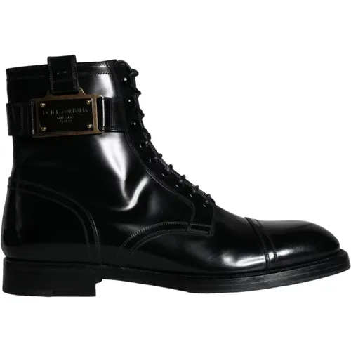 Schwarze Logo Schnürung Mid Calf Stiefel - Dolce & Gabbana - Modalova